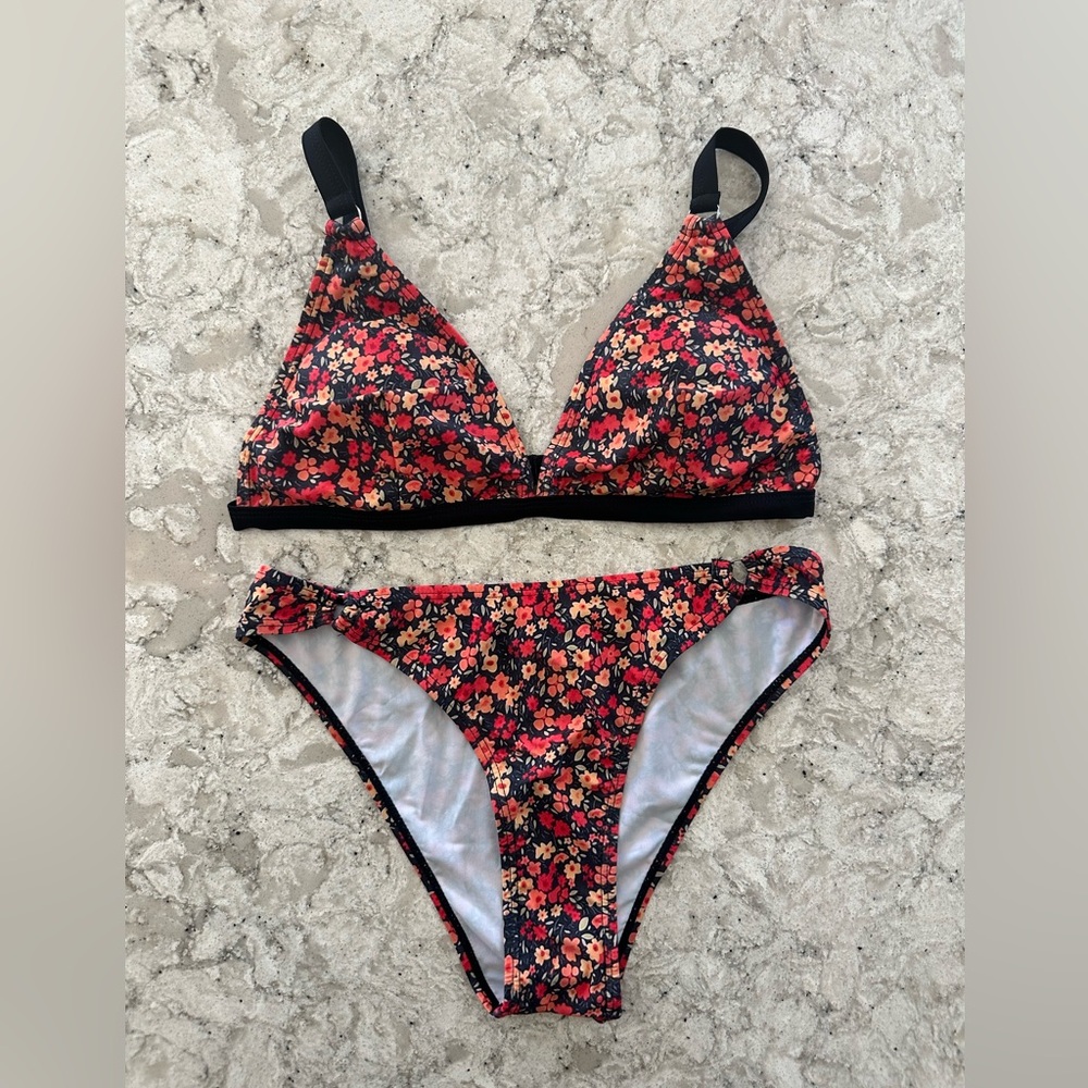 Floral Black & Orange Bikini Set Size Small NWOT